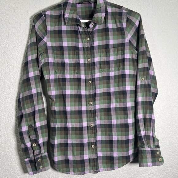 The North Face Button Down Shirt Womens S Green Purple Plaid Flannel Outdoor - Picture 1 of 8
